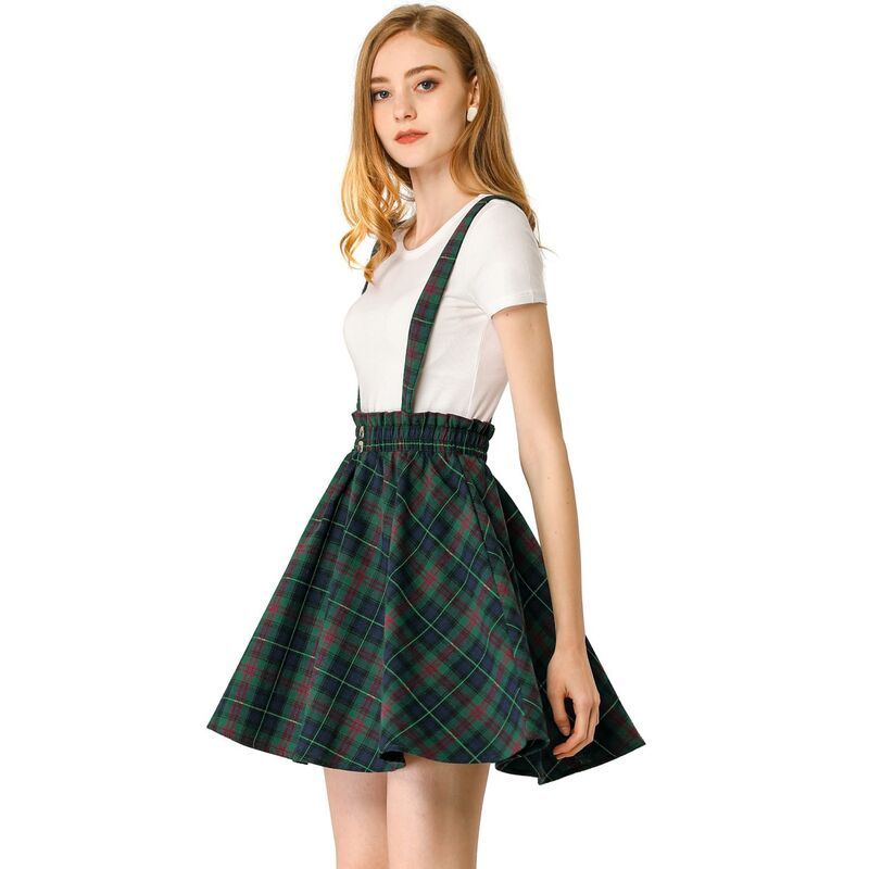 アレグラ ケー レディース ボトムスカート ミニ ALLEGRA K Womensuspender Skirtartan Plaid Button Decor Skater Mini Skirts B