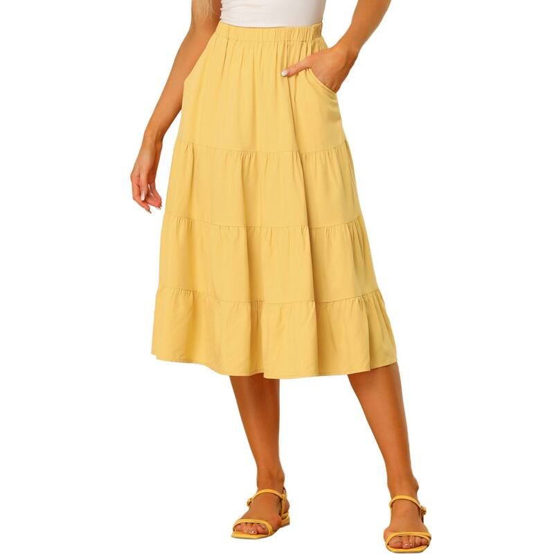 アレグラ ケー レディース ボトムスカート ティアード A ライン ミディ ALLEGRA K Womens Aline Tiered Pockets Midi Long Skirt Yellow イ