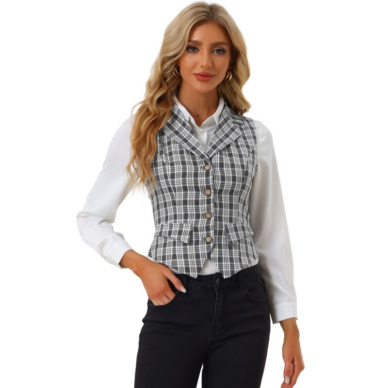 アレグラ ケー レディース アウター ジャケット・ブルゾン ヴィンテージ ベスト コート ALLEGRA K Womens Plaid Waistcoat Notched Lapel Collar S