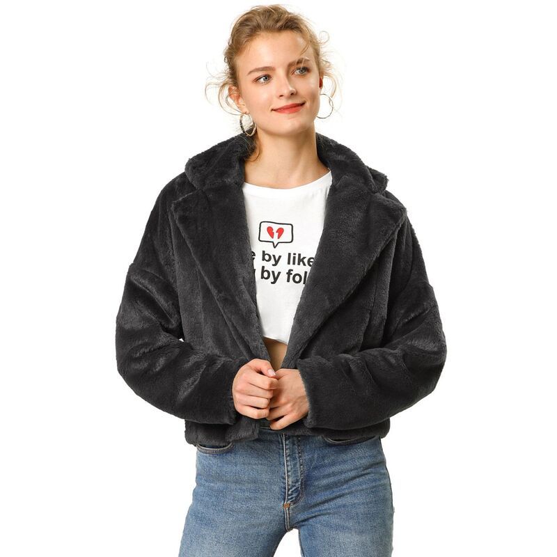 アレグラ ケー レディース アウター ジャケット・ブルゾン コート クロップド ALLEGRA K Womens Cropped Jacket Notch Lapel Faux Fur Fluffy