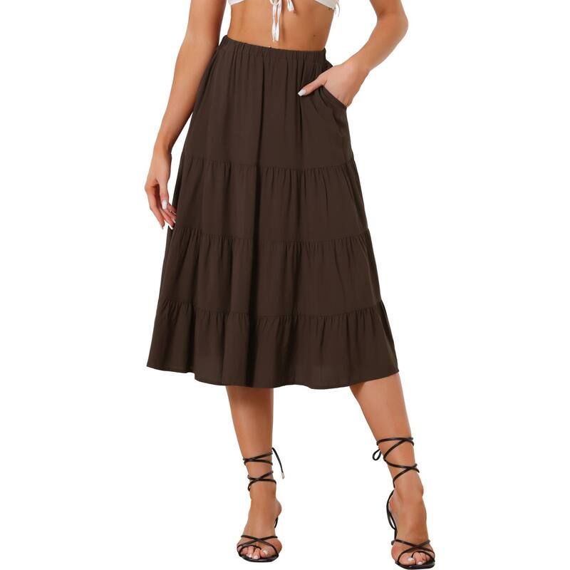 アレグラ ケー レディース ボトムスカート ティアード A ライン ミディ ALLEGRA K Womens Aline Tiered Pockets Midi Long Skirt Brown ブラ
