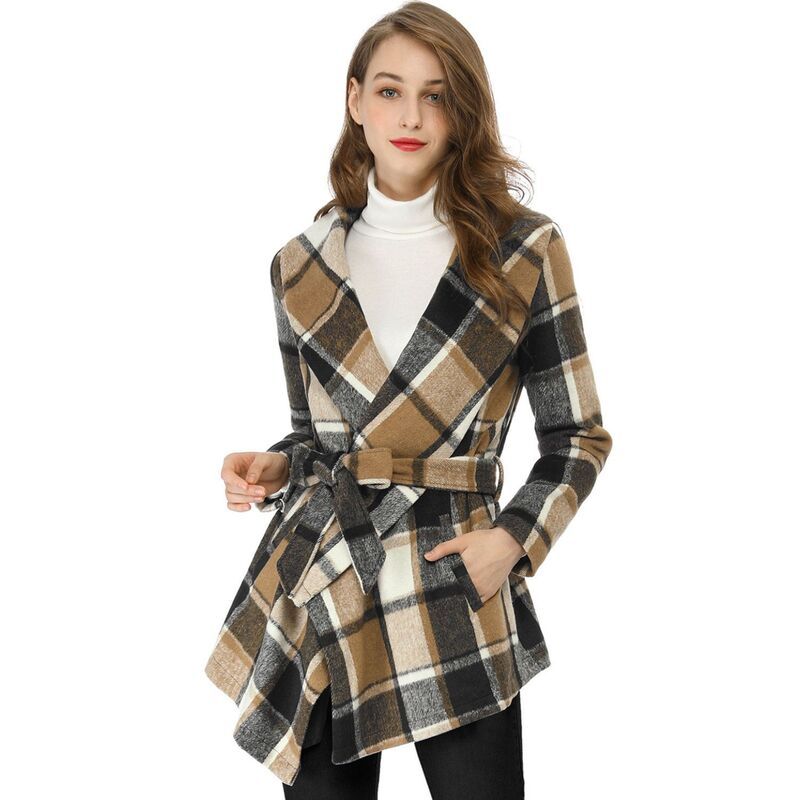 アレグラ ケー レディース アウター ジャケット・ブルゾン アシンメトリー コート ダウン ALLEGRA K Womens Turn Down Collar Asymmetric Hem Plaid