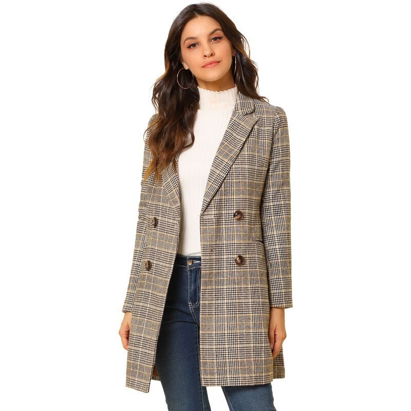 アレグラ ケー レディース アウター ジャケット・ブルゾン ブレザー ALLEGRA K Womens Notched Lapelong Sleeves Double Breasted Plaid B