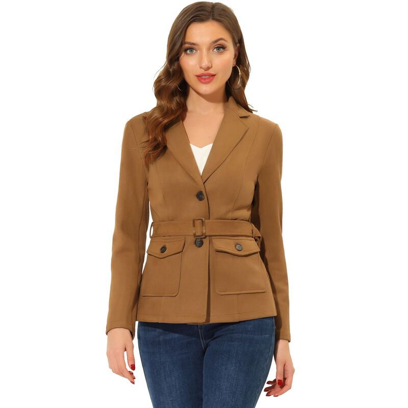 アレグラ ケー レディース アウター ジャケット・ブルゾン スエード ブレザー ALLEGRA K Womens Faux Suede Belted Long Sleeve Single Breast