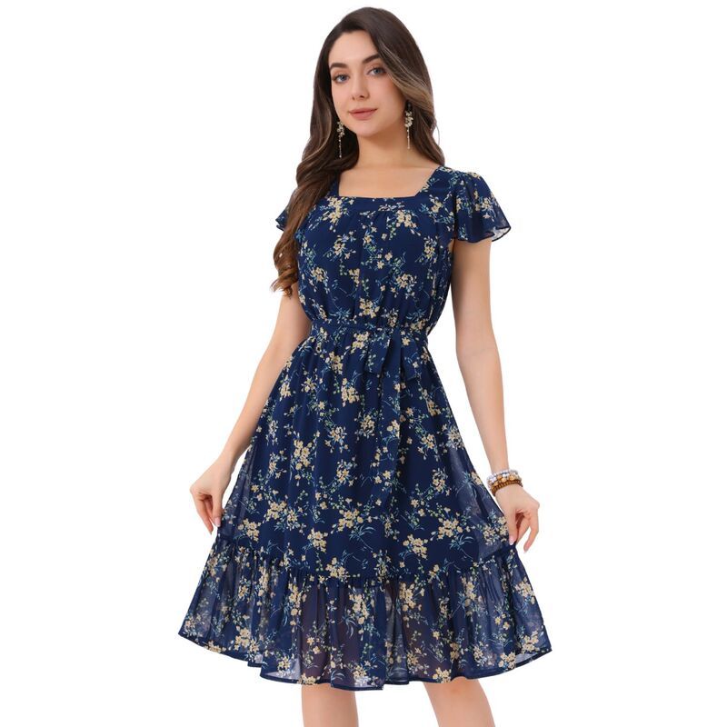 アレグラ ケー レディース トップス ワンピース シフォン フラワー柄 フリル フラワー ALLEGRA K Ruffle Dress For Womens Flutter Sleeve Belted