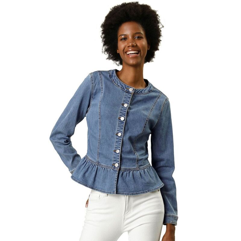 アレグラ ケー レディース アウター ジャケット・ブルゾン ボタンダウン フリル ダウン クロップド デニム ALLEGRA K Womens Round Neck Button Down Ruffl