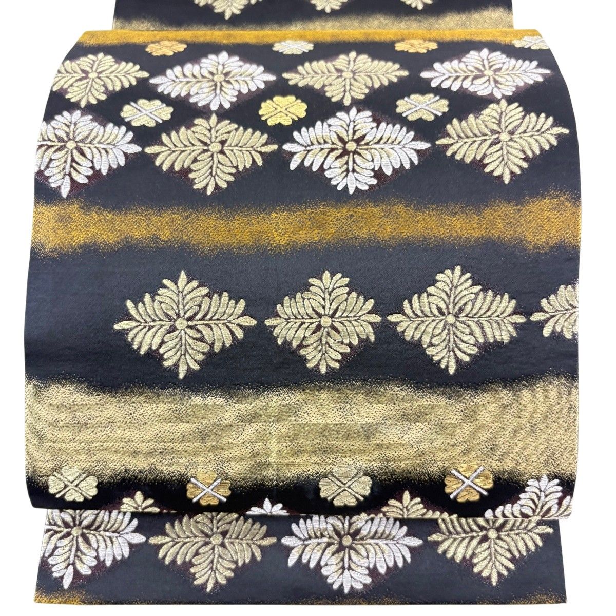 【美品】 袋帯 名品 ますいわ屋 横段 花 金糸 箔 黒 六通 正絹 【中古】