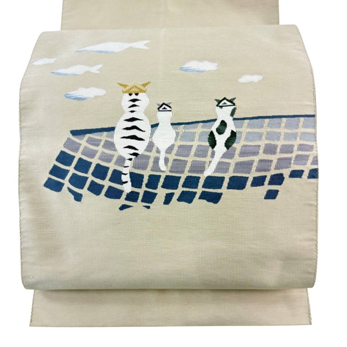 名古屋帯 名品 八寸名古屋帯 ねこ 雲 灰茶 正絹 【中古】