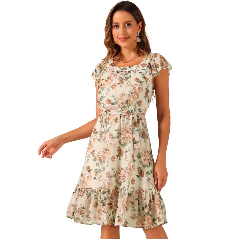 アレグラ ケー レディース トップス ワンピース シフォン フラワー柄 フリル フラワー ALLEGRA K Ruffle Dress For Womens Flutter Sleeve Belted 12,935円