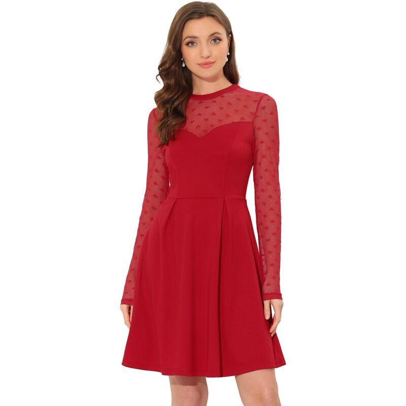 アレグラ ケー レディース トップス ワンピース メッシュ シアー ALLEGRA K Womens Mesh See Througheart Sheer Sleeve Skater Party Dr