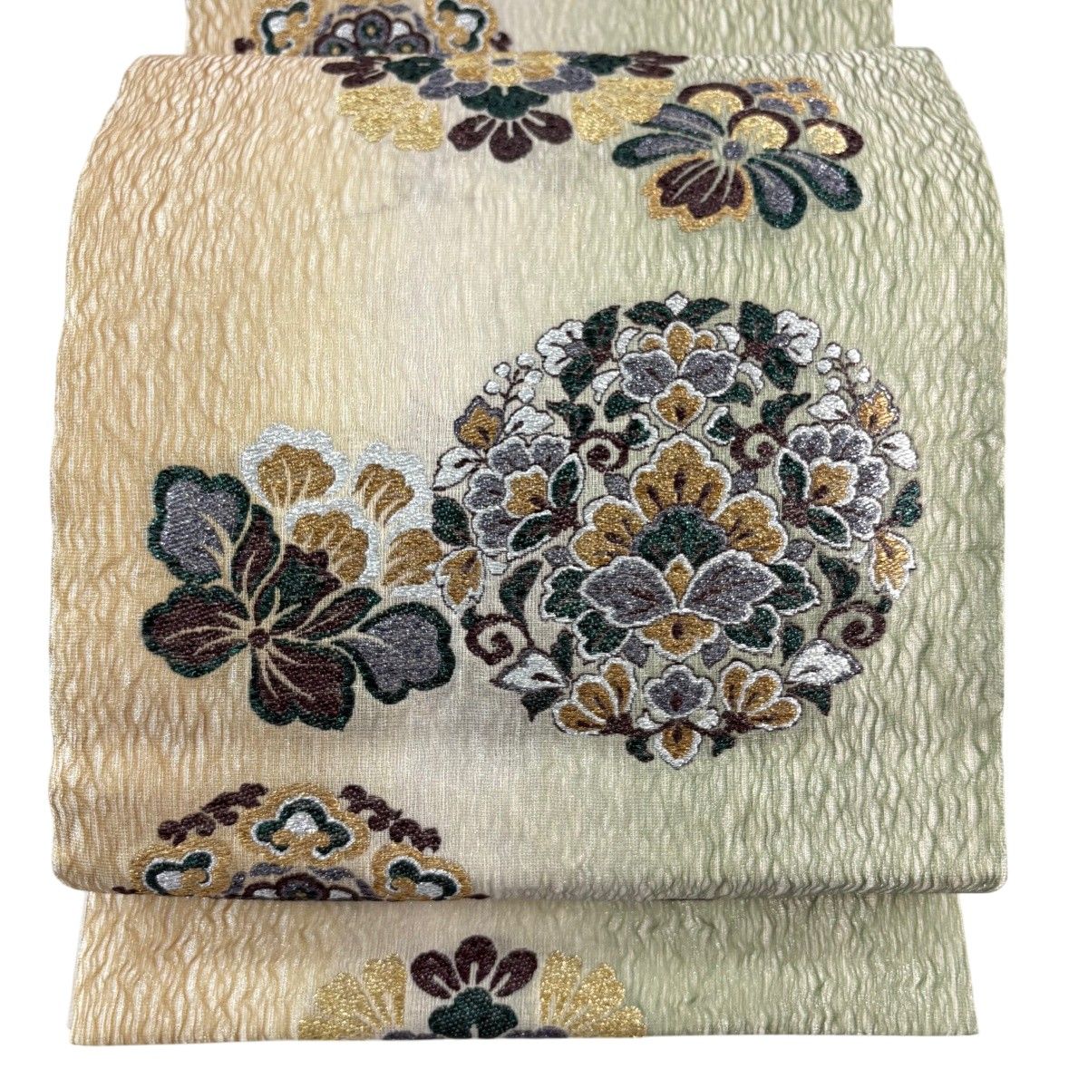 【美品】 袋帯 名品 華文 花 箔 銀通し 薄緑 六通 正絹 【中古】