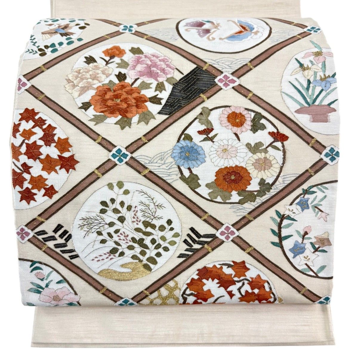 袋帯 名品 草花 蝶 金糸 綴れ ベージュ お太鼓柄 正絹 【中古】