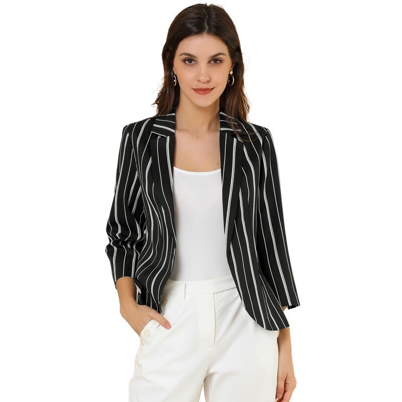 アレグラ ケー レディース アウター ジャケット・ブルゾン ブレザー ALLEGRA K Womenstriped 34 Sleeves Open Front Blazer Dark Black ブラ