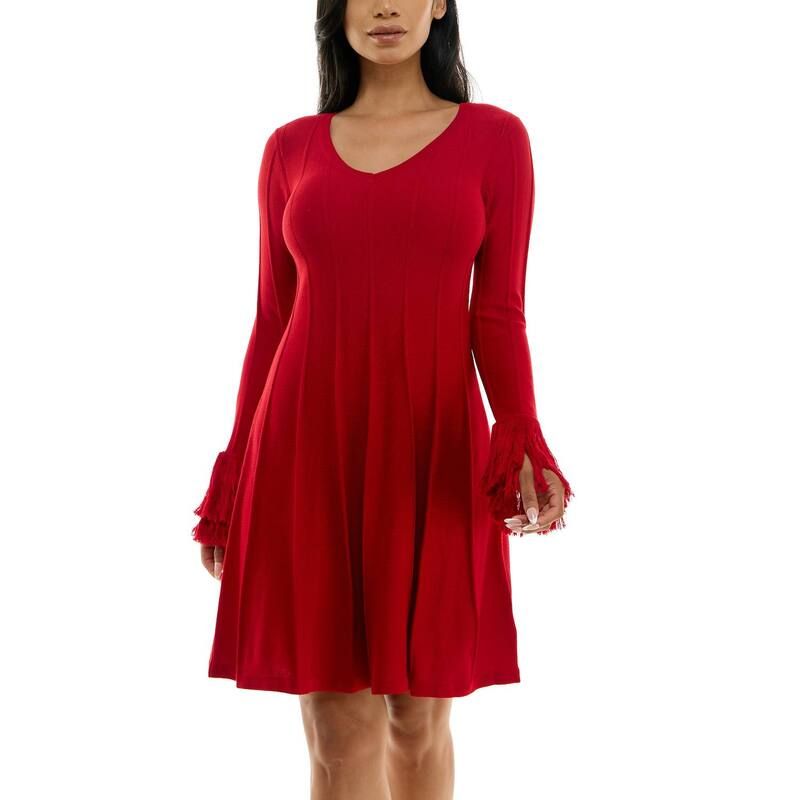 ニナレオナルド レディース トップス ワンピース A ライン セーター フリンジ Womens Nina Leonard ALine Fringe Sweater Dress Red レッド