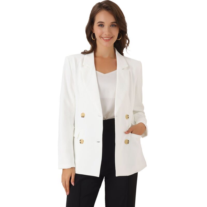 アレグラ ケー レディース アウター ジャケット・ブルゾン ブレザー ALLEGRA K Womens Notched Lapel Double Breasted Plaid Blazer White
