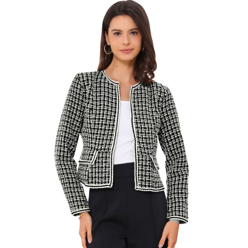 アレグラ ケー レディース アウター ジャケット・ブルゾン ツイード ブレザー ALLEGRA K Womens Plaid Tweed Open Front Office Short Blazer