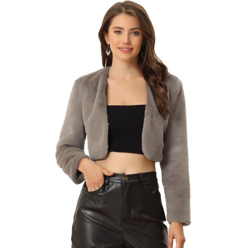 アレグラ ケー レディース アウター ジャケット・ブルゾン コート クロップド ALLEGRA K Womens Collarless Long Sleeve Open Front Faux Fur