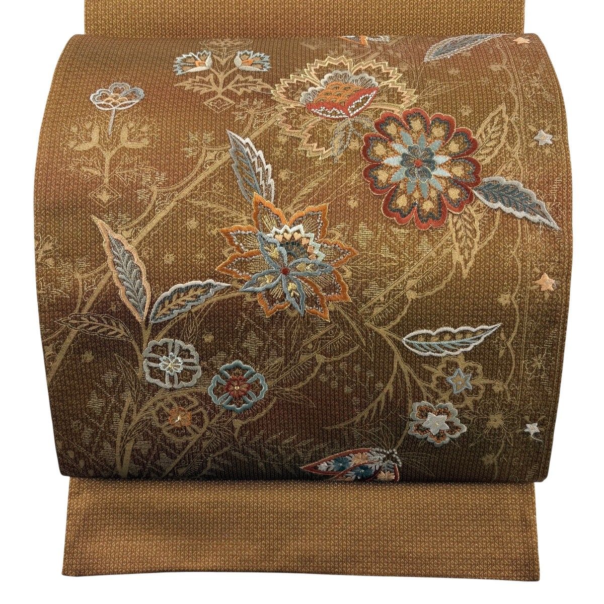 【美品】 袋帯 秀品 草花 刺繍 金通し 茶色 お太鼓柄 正絹 【中古】