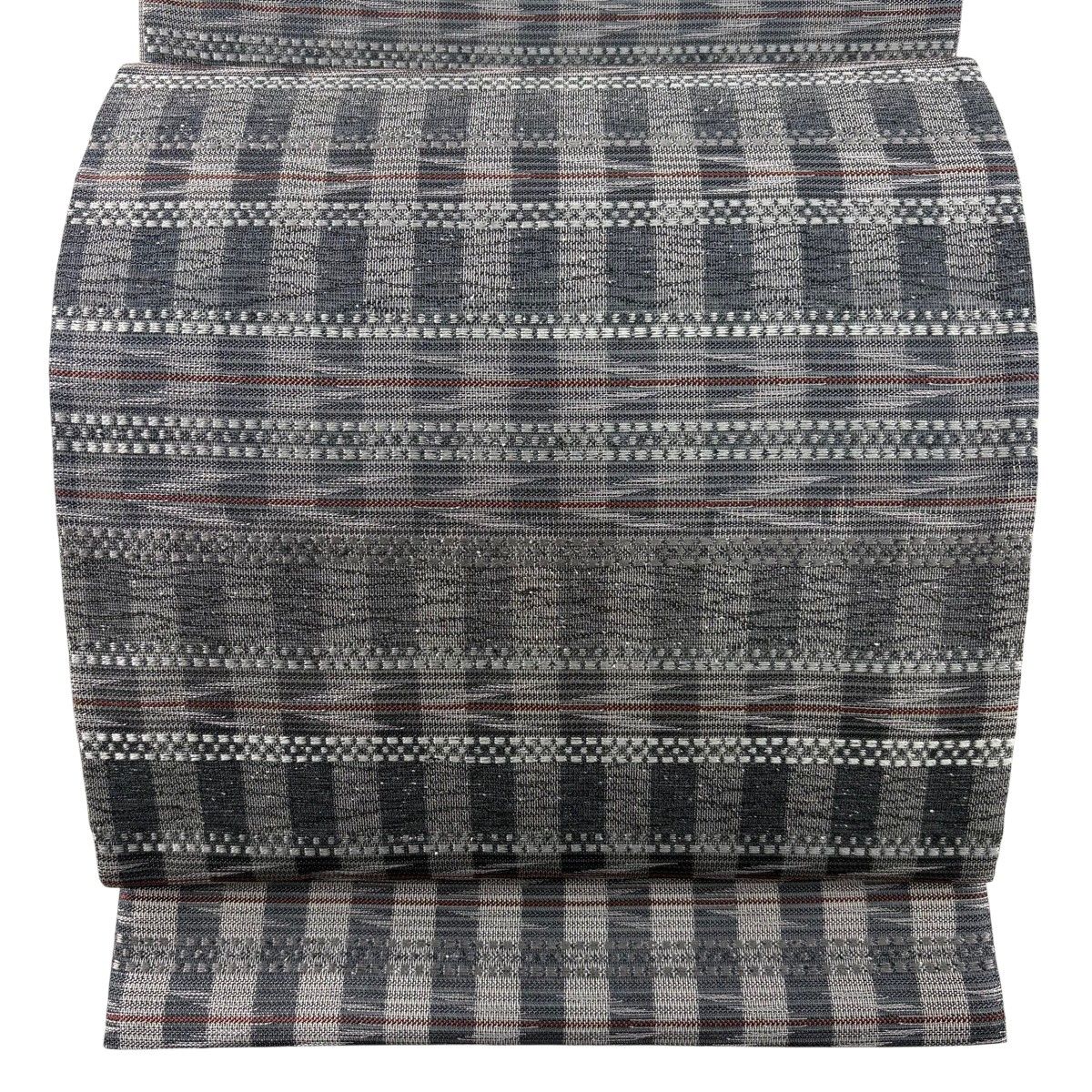 袋帯 秀品 夏帯 縞 幾何学模様 灰色 六通 正絹 【中古】