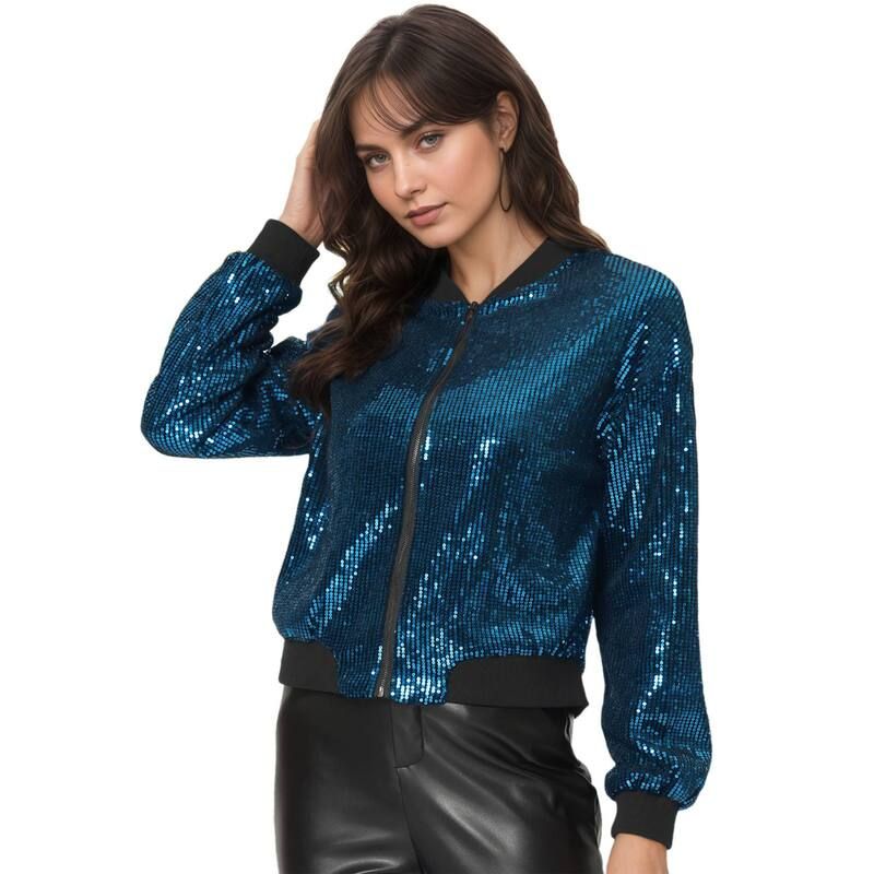 アレグラ ケー レディース アウター ジャケット・ブルゾン クロップド ALLEGRA K Womens Glitter Cropped Long Sleeve Zipper Bomber Jacke