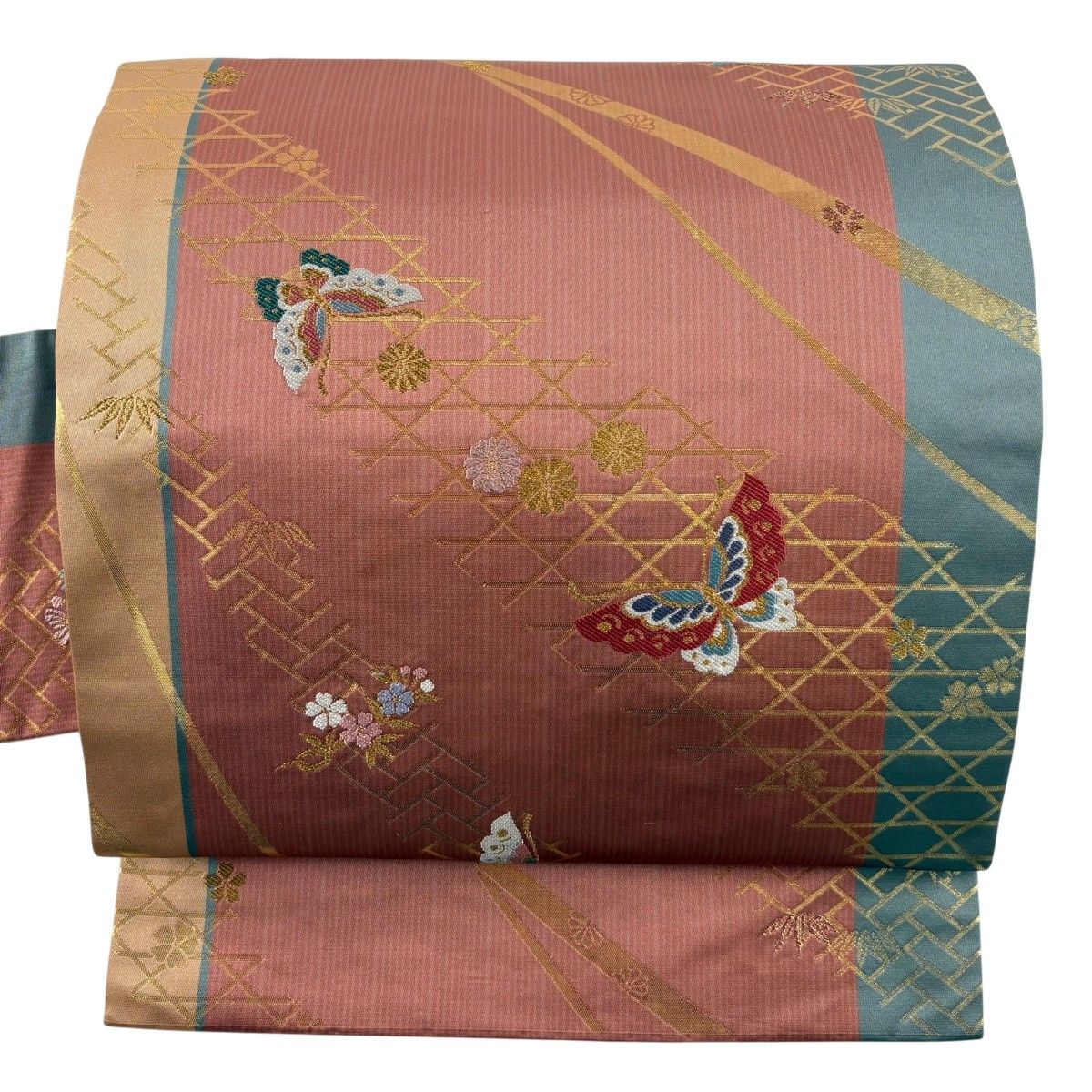 【美品】 名古屋帯 秀品 関西仕立て 蝶 菊 金糸 箔 サーモンピンク 正絹 【中古】