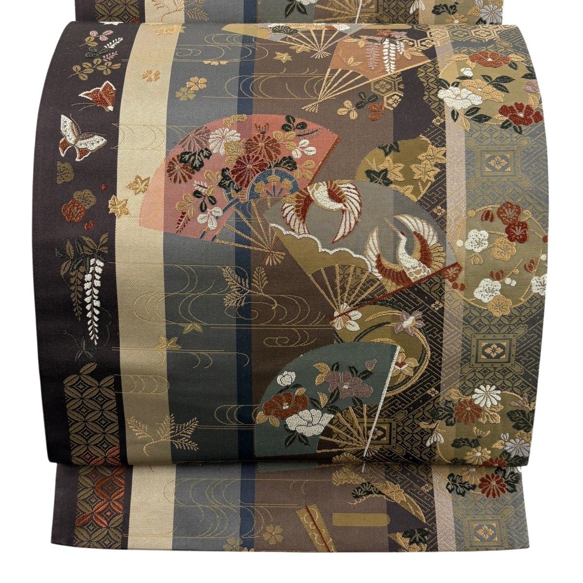 【美品】 袋帯 秀品 扇 花鳥 唐織 箔 焦茶色 六通 正絹 【中古】