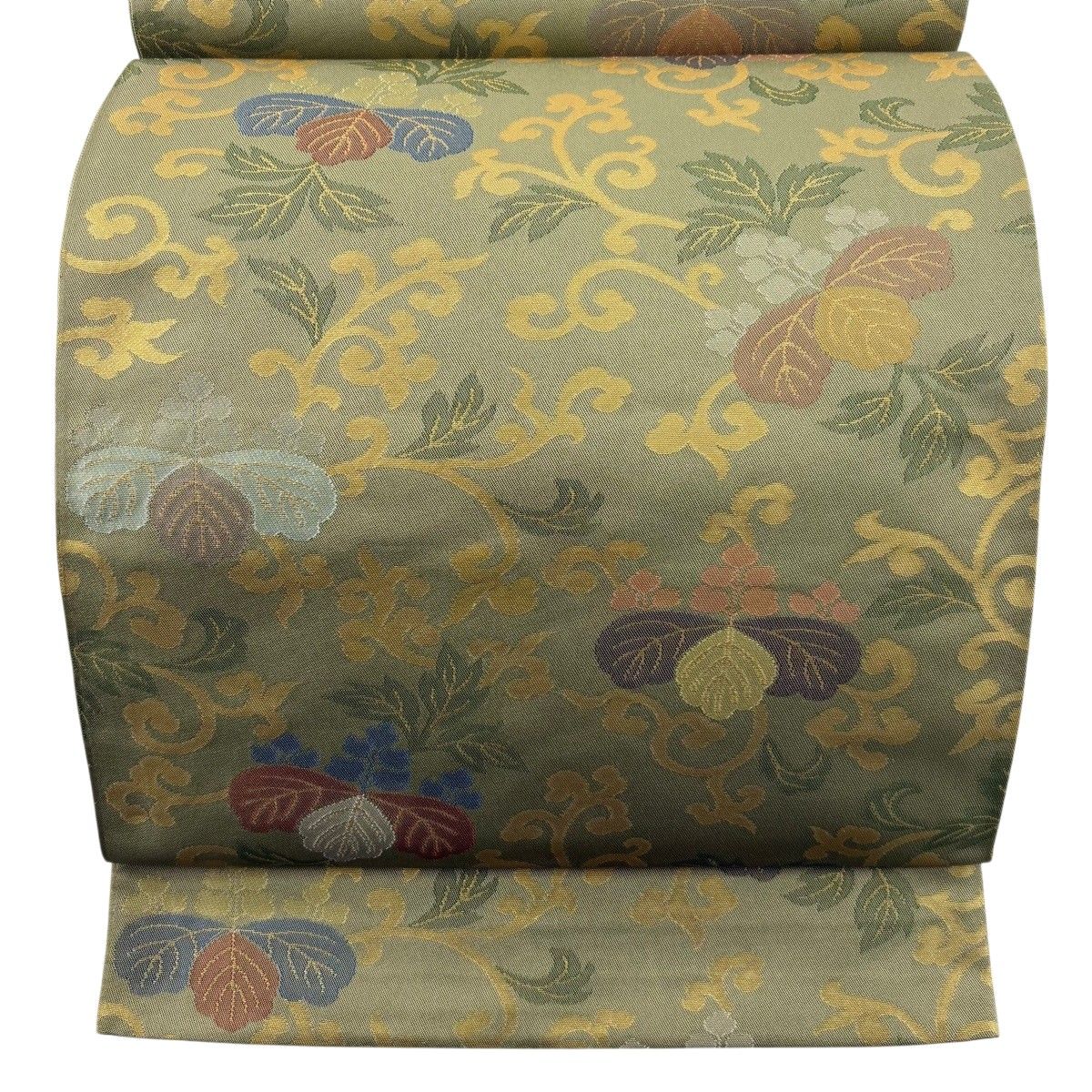 【美品】 袋帯 秀品 織悦 落款 桐唐草 箔 よもぎ色 全通 正絹 【中古】