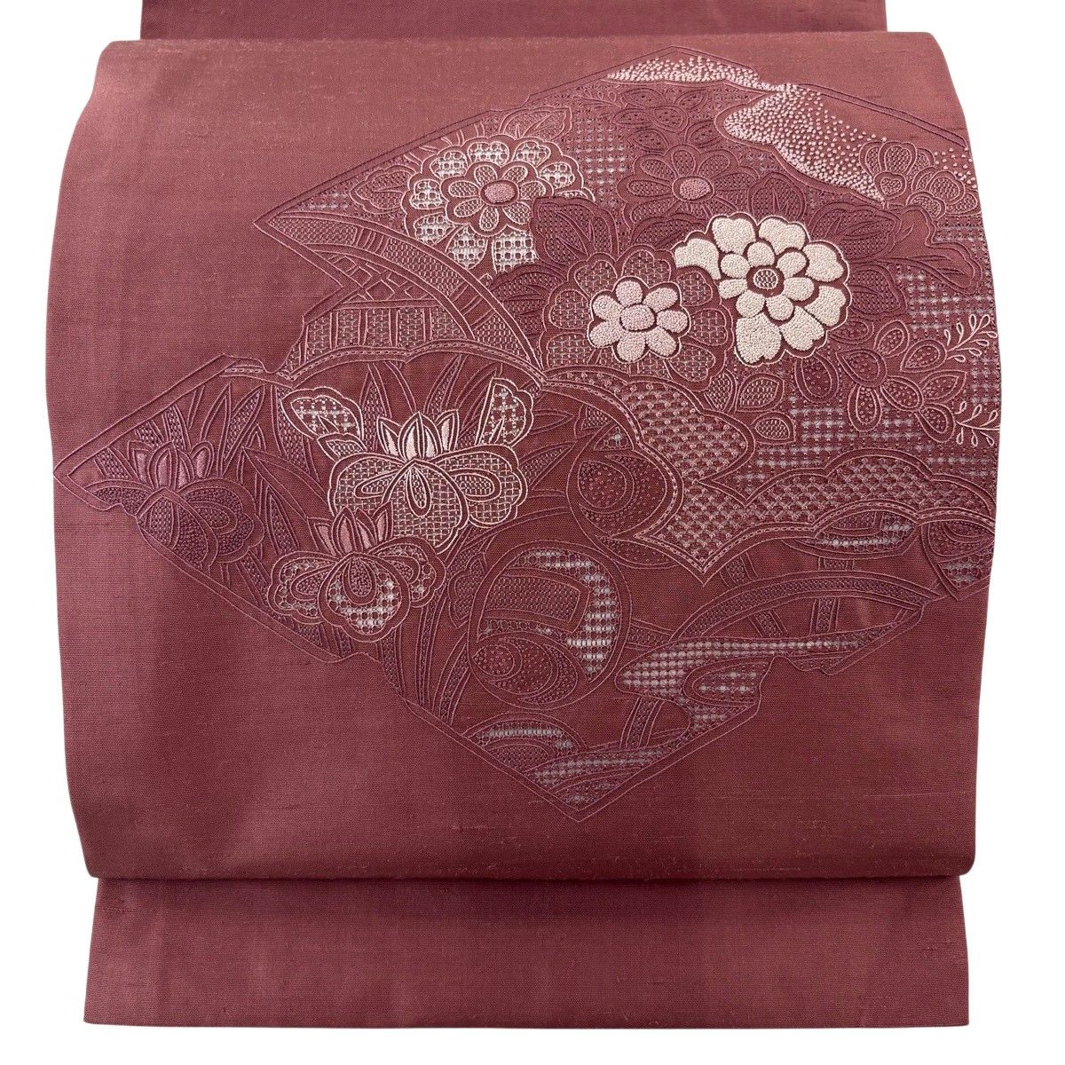 【美品】 開き名古屋帯 秀品 草花 打ち出の小槌 相良刺繍 赤紫 正絹 【中古】