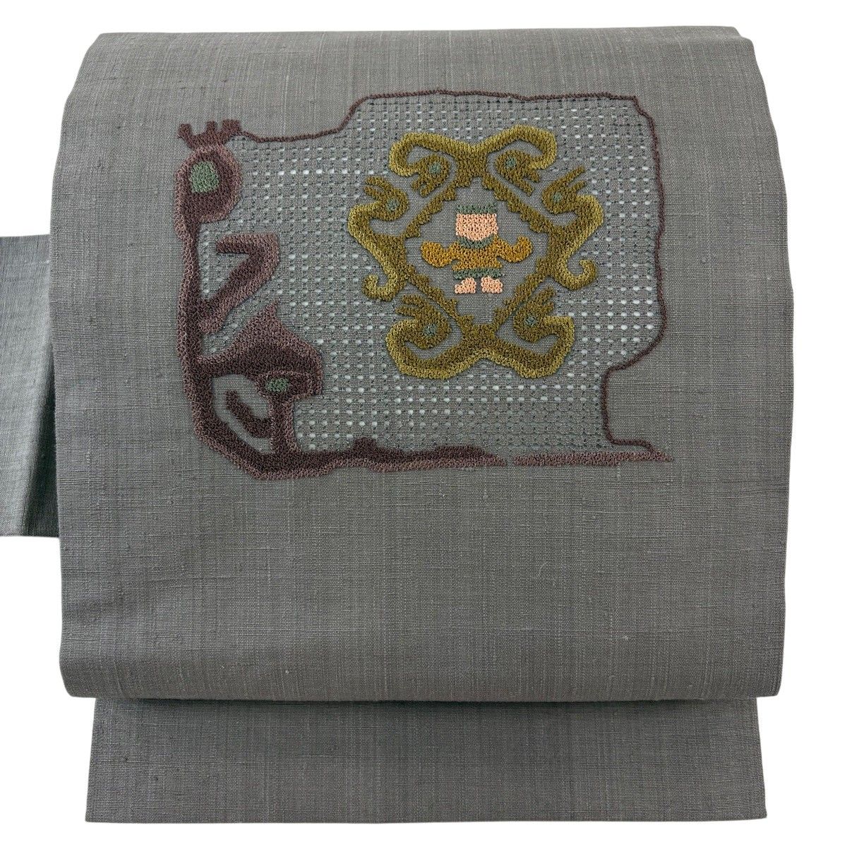【美品】 名古屋帯 秀品 紬地 幾何学 相良刺繍 灰色 正絹 【中古】