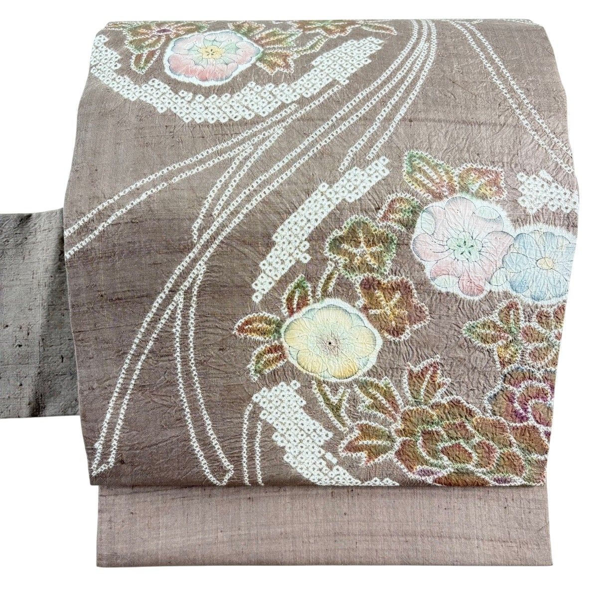 【美品】 名古屋帯 秀品 紬地 草花 紐結び 薄茶色 正絹 【中古】