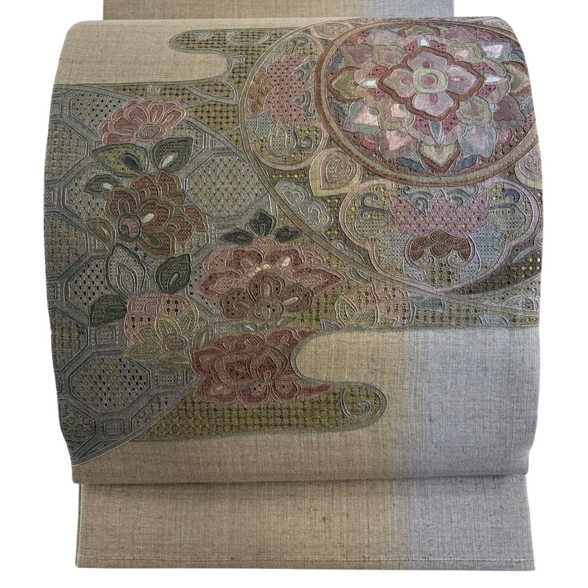 【美品】 袋帯 秀品 関西仕立て 華文 草花 刺繍 茶緑色 お太鼓柄 正絹 【中古】