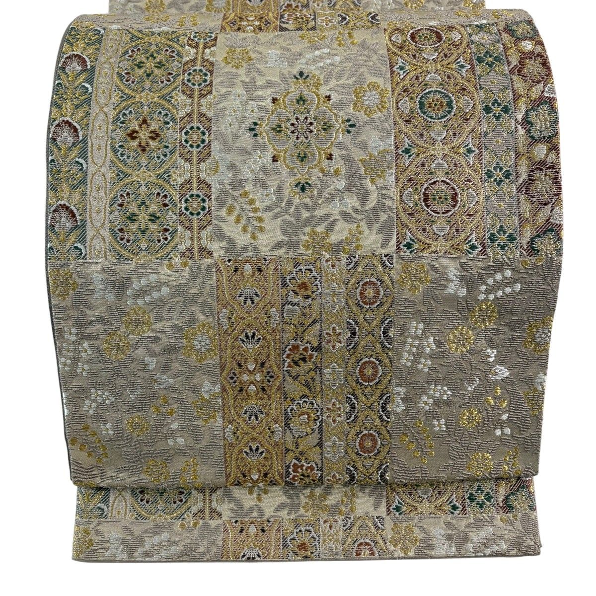 【美品】 袋帯 秀品 草花 市松 金糸 箔 薄小豆 六通 正絹 【中古】