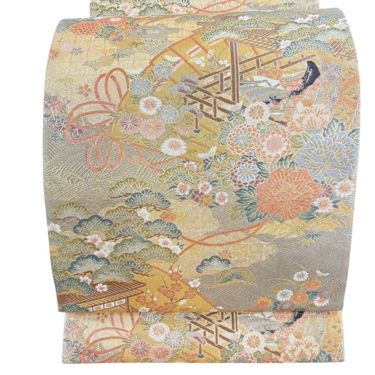 【美品】 袋帯 秀品 姫 桧扇 金糸 箔 金色 全通 正絹 【中古】