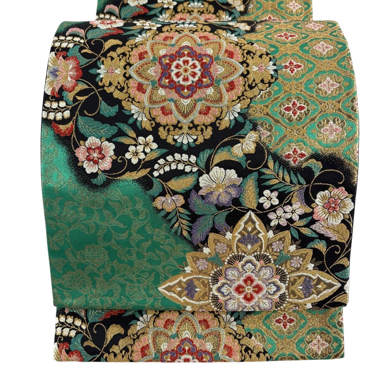 【美品】 袋帯 秀品 振袖向き 華文 花唐草 金糸 箔 緑 六通 正絹 【中古】
