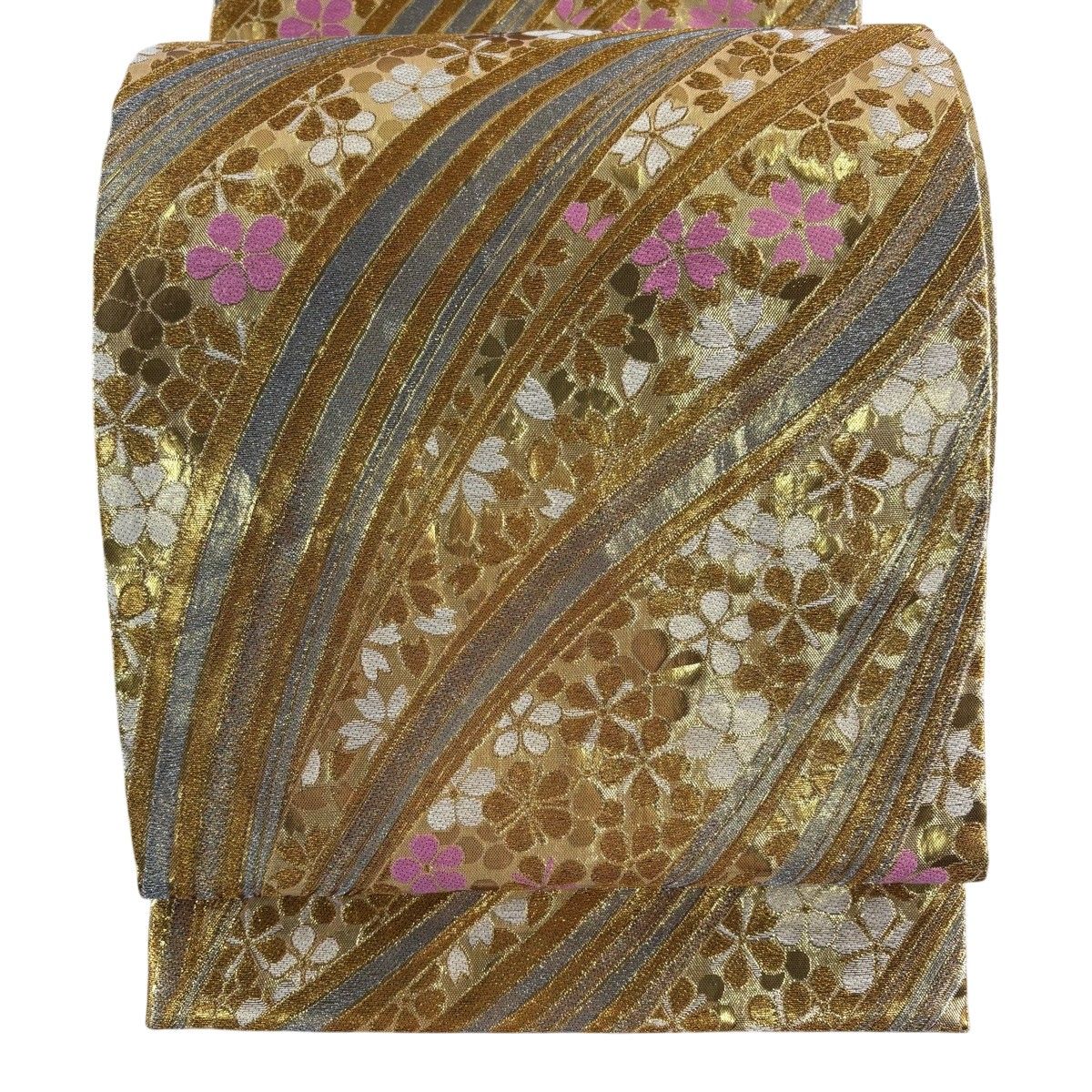 【美品】 袋帯 秀品 振袖向き 桜 梅 金糸 箔 金色 六通 正絹 【中古】