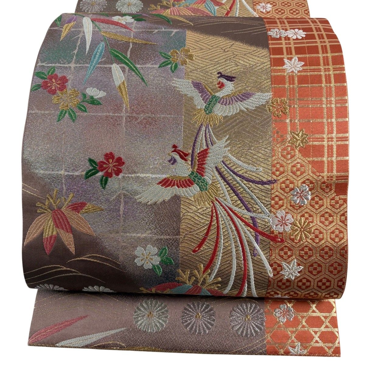 【美品】 袋帯 秀品 関西仕立て 尾長鳥 桜 金銀糸 箔 茶紫 六通 正絹 【中古】