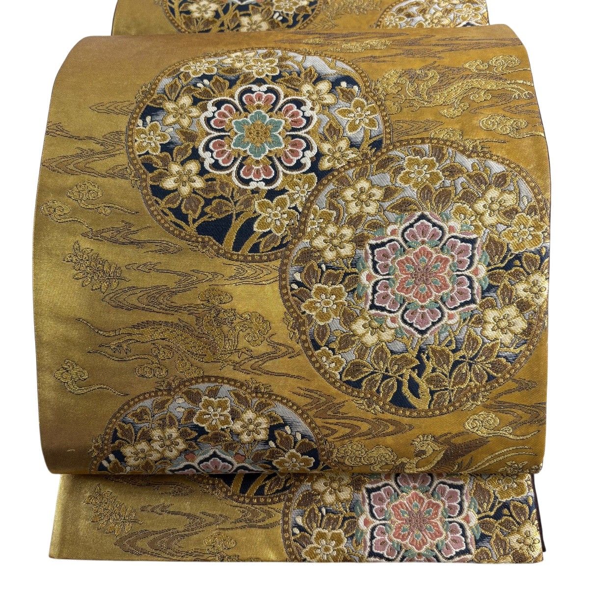【美品】 袋帯 秀品 華文 龍 金糸 箔 黄土色 六通 正絹 【中古】