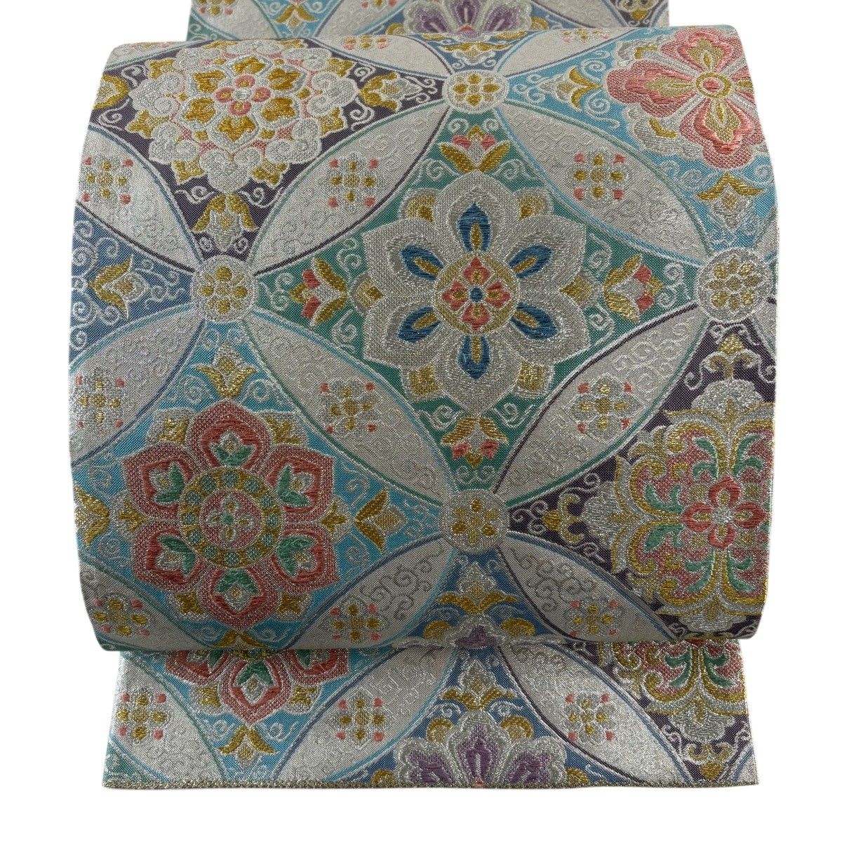 【美品】 袋帯 秀品 七宝 華文 金銀糸 箔 銀色 六通 正絹 【中古】