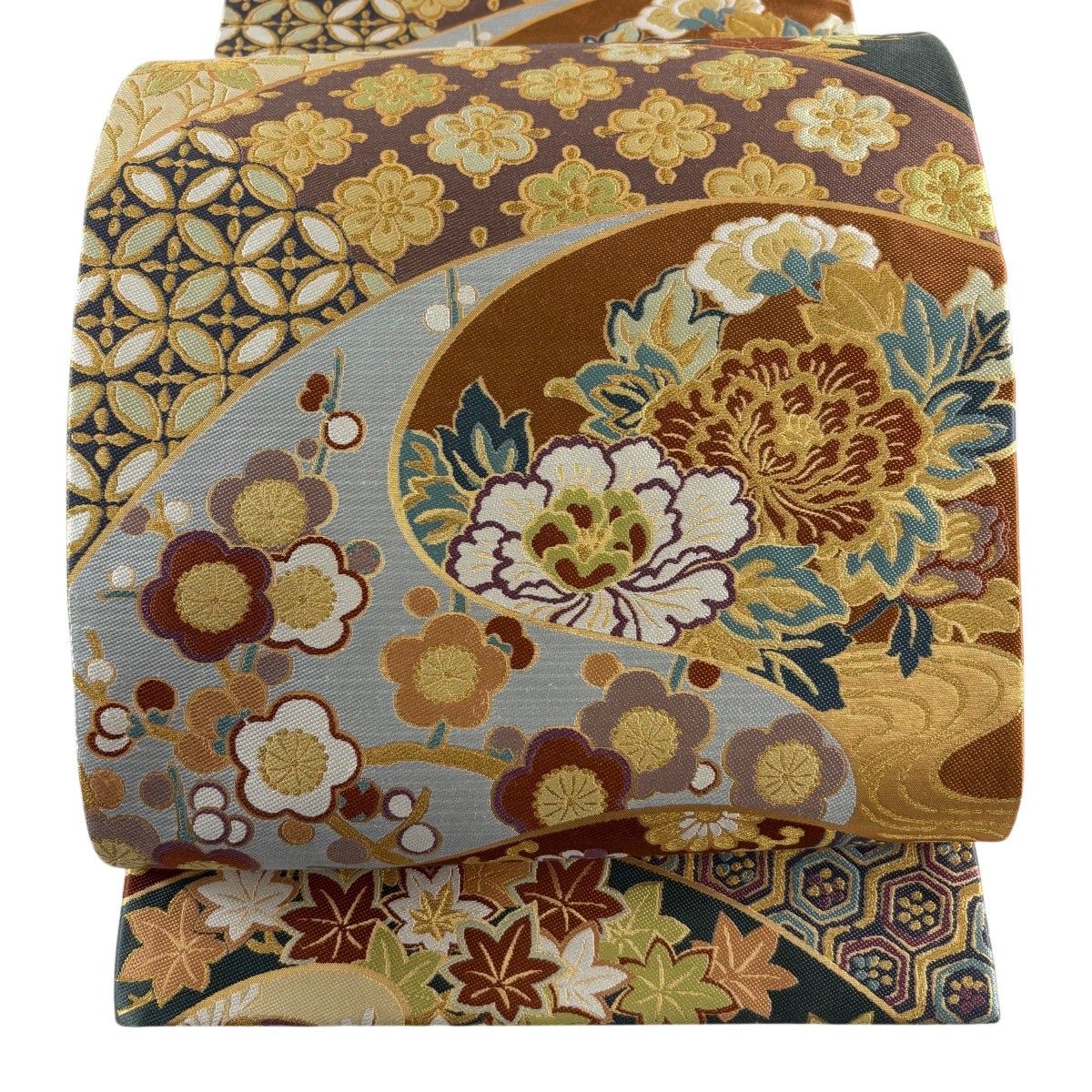 【美品】 袋帯 秀品 枝梅 牡丹 金糸 箔 赤茶 六通 正絹 【中古】