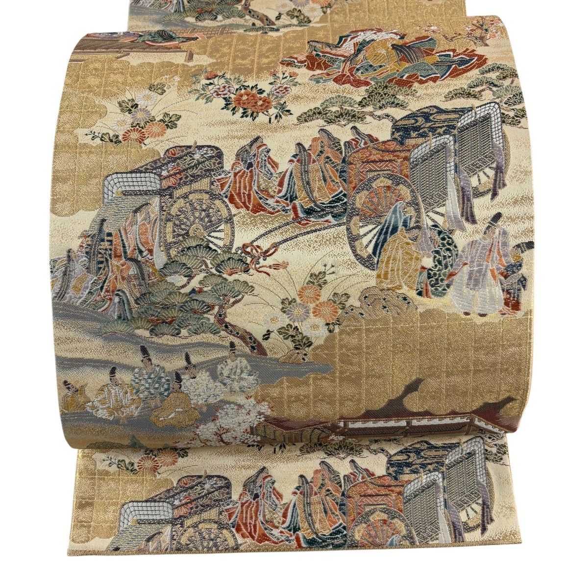 【美品】 袋帯 秀品 人物 建物 箔 金糸 ベージュ 六通 正絹 【中古】
