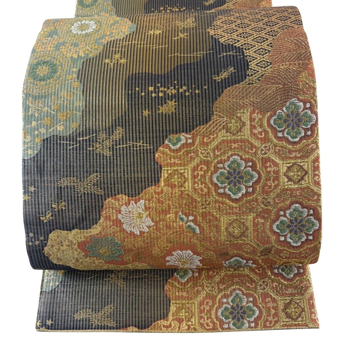 【美品】 袋帯 秀品 蜀江華文 草花 金銀糸 箔 黒灰 六通 正絹 【中古】