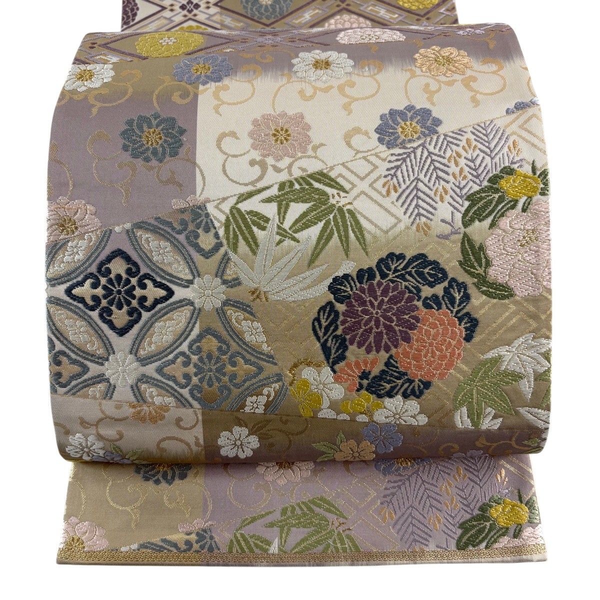 【美品】 袋帯 秀品 落款 草花 七宝 金糸 箔 茶緑色 六通 正絹 【中古】