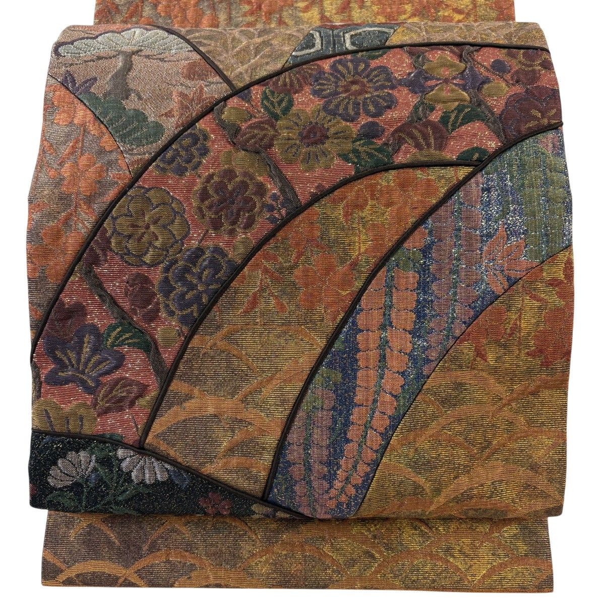 【美品】 袋帯 秀品 草花 雪芝 箔 金糸 赤茶 お太鼓柄 正絹 【中古】
