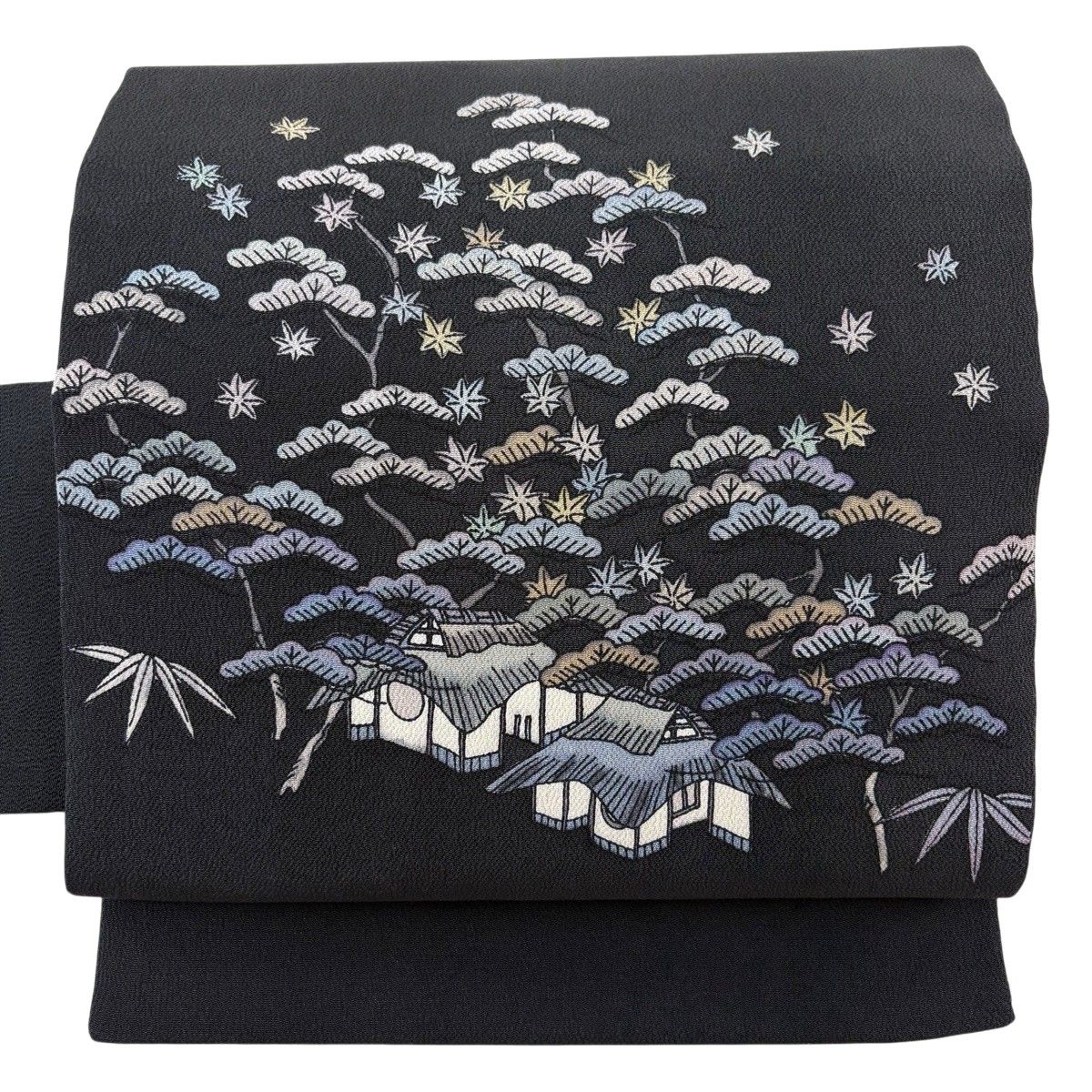 名古屋帯 秀品 家屋 松 縮緬 黒 正絹 【中古】