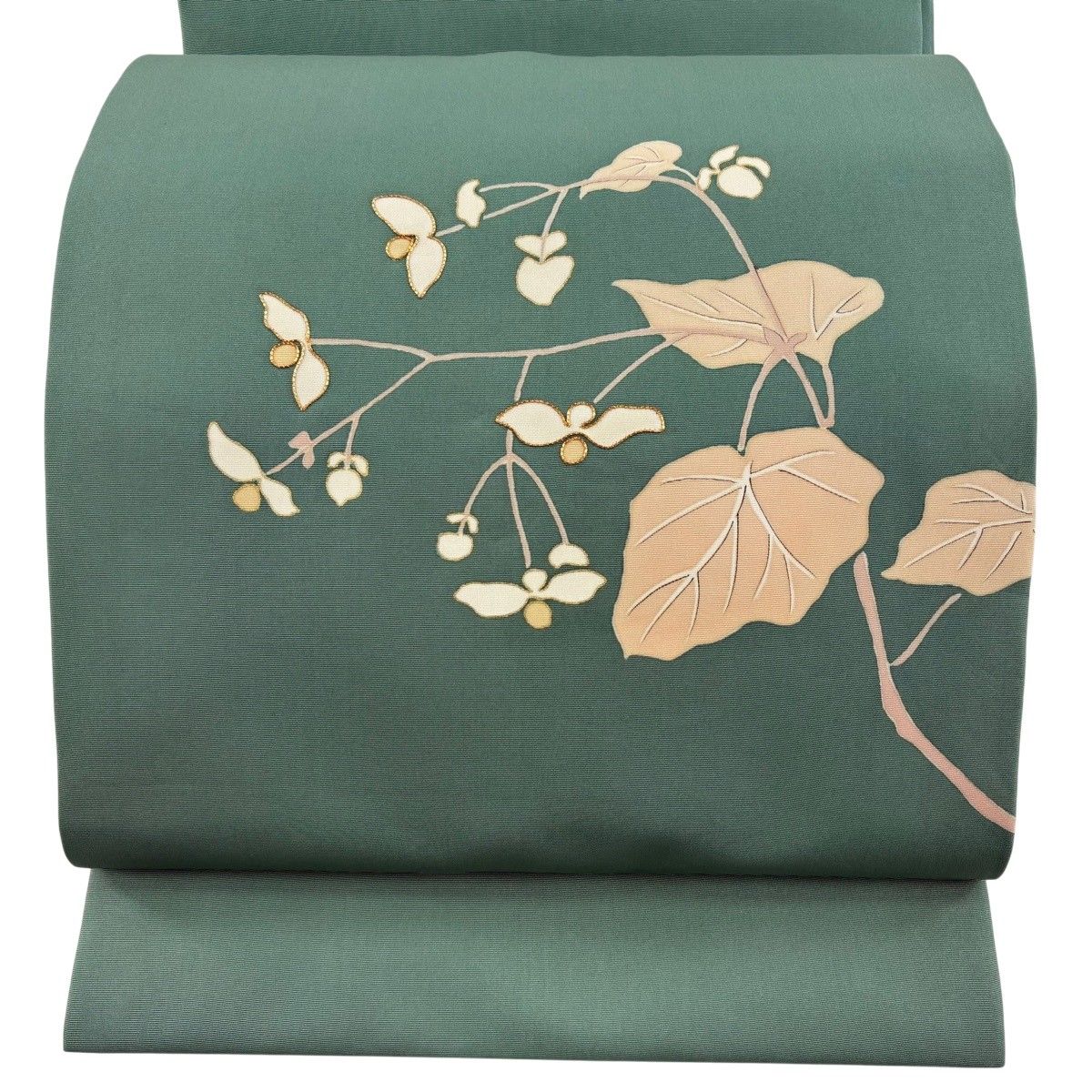 開き名古屋帯 秀品 草花 金糸 金彩 灰緑 正絹 【中古】