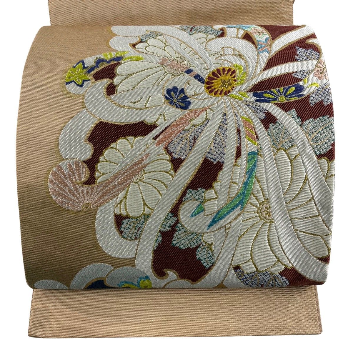 【美品】 袋帯 秀品 菊 桜 金糸 箔 薄茶色 六通 正絹 【中古】