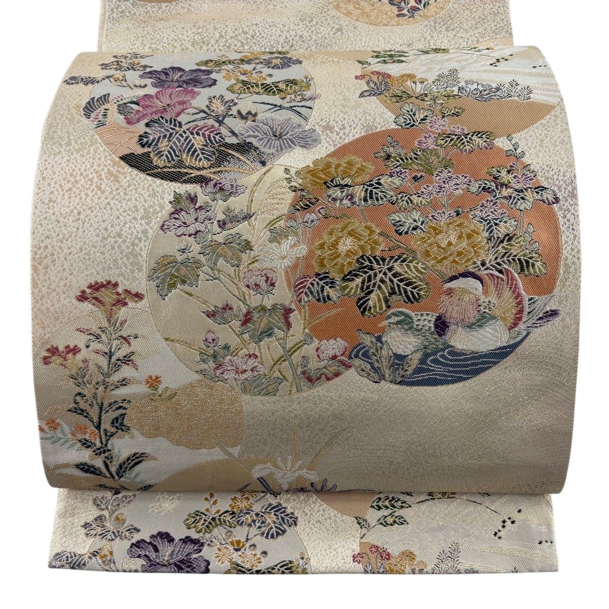 【美品】 袋帯 秀品 江戸情景 九百織錦 四季草花丸文図 箔 金糸 ベージュ 六通 正絹 【中古】