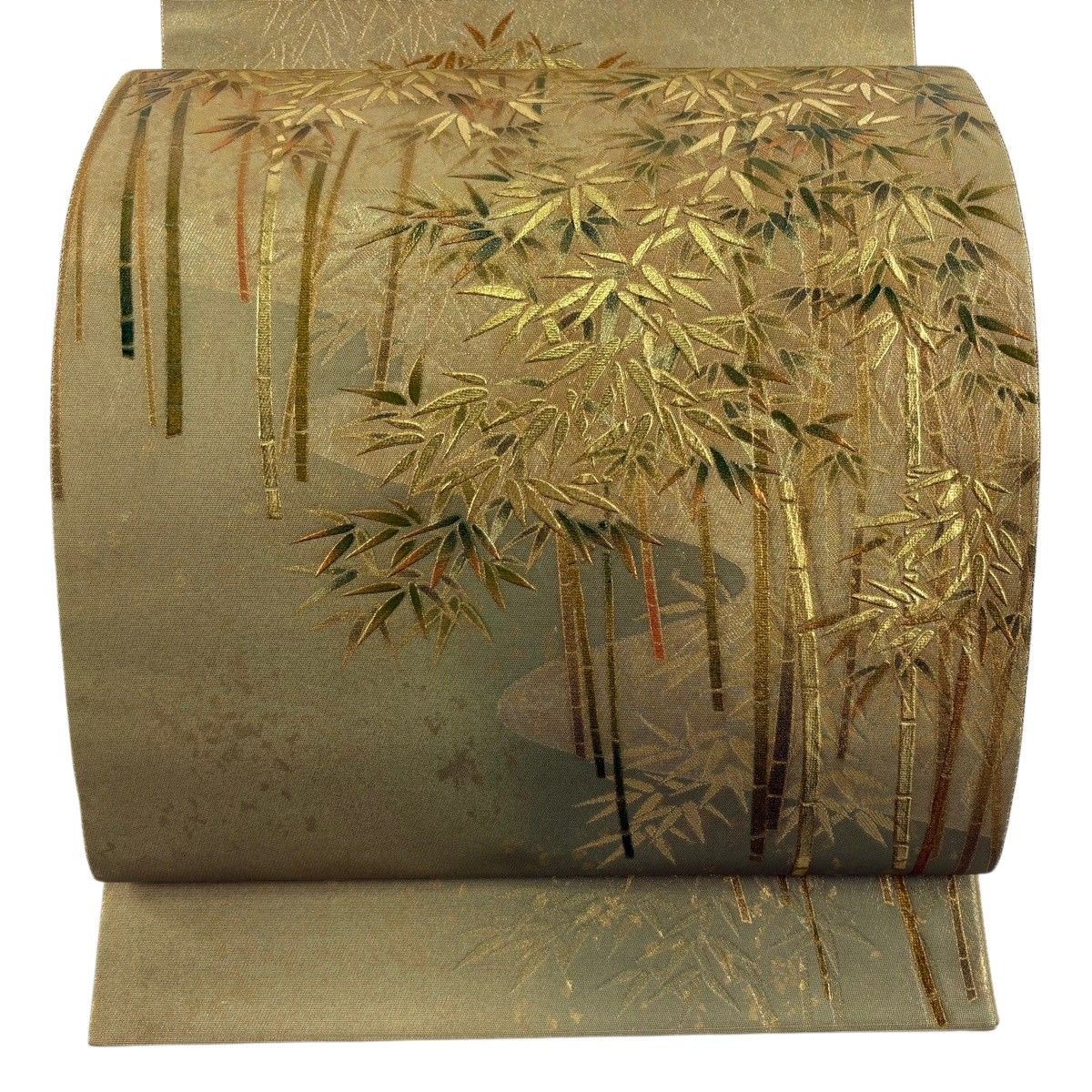 【美品】 袋帯 秀品 落款 竹 霞 金彩 箔 金色 お太鼓柄 正絹 【中古】