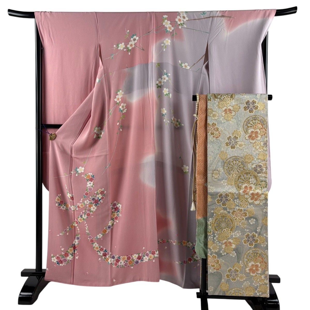 振袖 身丈162.5cm 裄丈68.5cm L 袷 袋帯フルセット 落款 桜 花びら ぼかし ピンク 正絹 名品 【中古】
