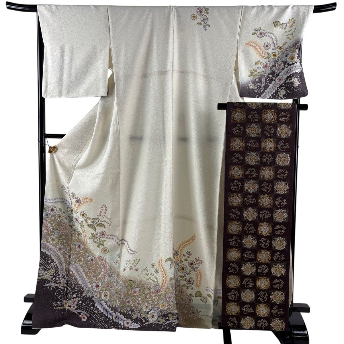 【美品】 訪問着 身丈173cm 裄丈69cm L 袷 袋帯セット 辻が花柄 藤 銀通し ぼかし クリーム 正絹 名品 【中古】